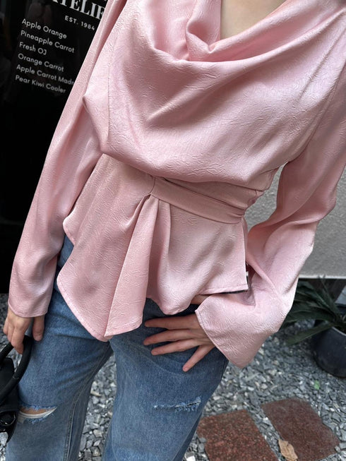 Premium Satin Cowl Neck Waist Tie Trumpet Sleeves Tops